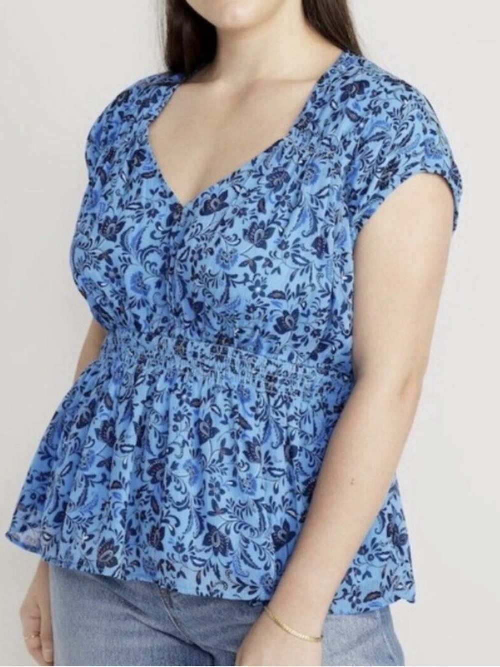 Old Navy Waist Defined Dolman Sleeve Top Blue Floral NWT